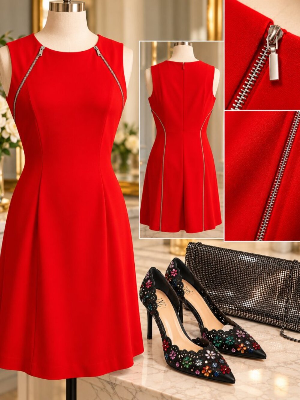 Calvin Klein Red Zipper Accent Sheath Dress Size 10 Cocktail Career